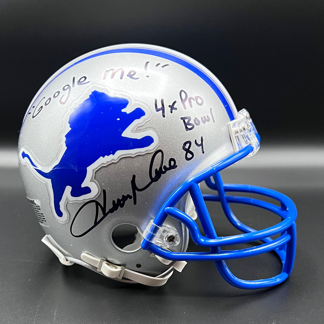 Herman Moore 'Google Me!' Autographed Detroit Lions Throwback Mini-Helmet Beckett Certified