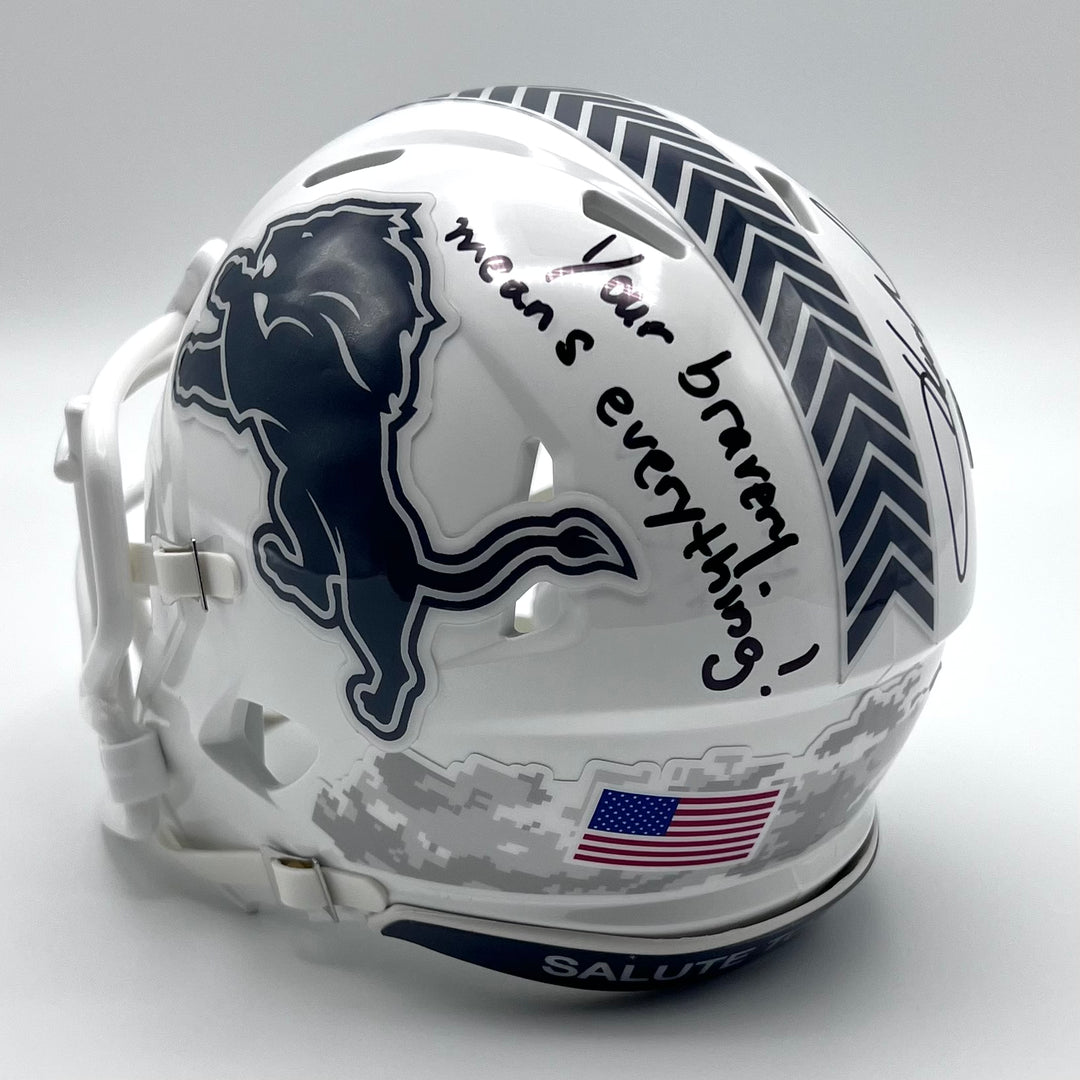 Herman Moore Autographed Speed Salute to Service 2024 Mini-Helmet ' Your Bravery Means Everything'